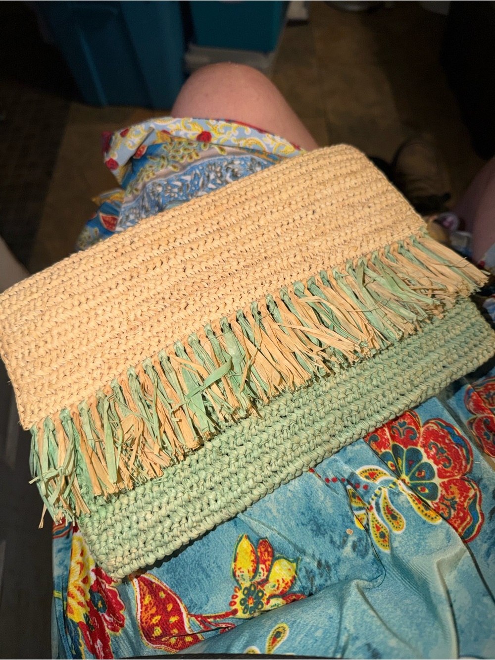 Shebobo 100% Raiffi Mint & Cream Woven Clutch with Fringed Edge & Cream Lining
